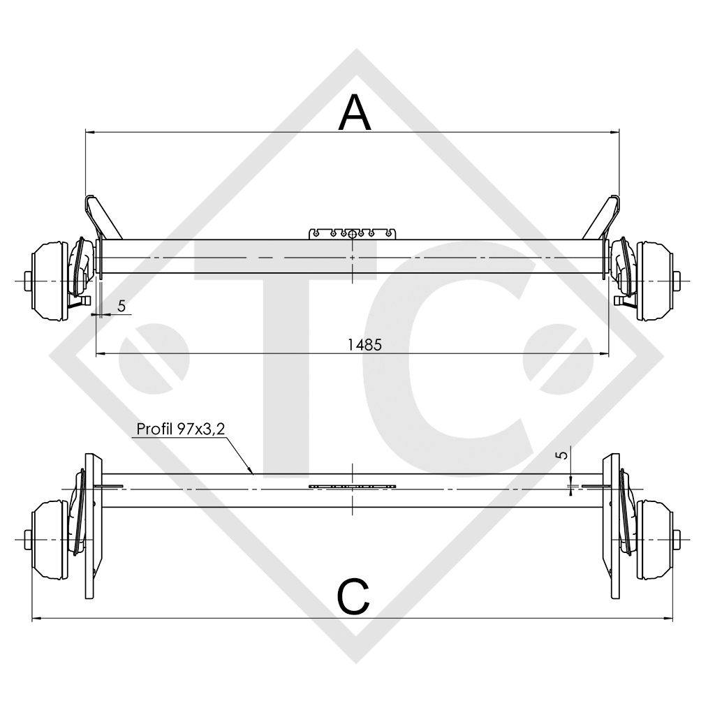 Braked axle 1300kg EURO Compact axle type B 1200-5, Humbaur