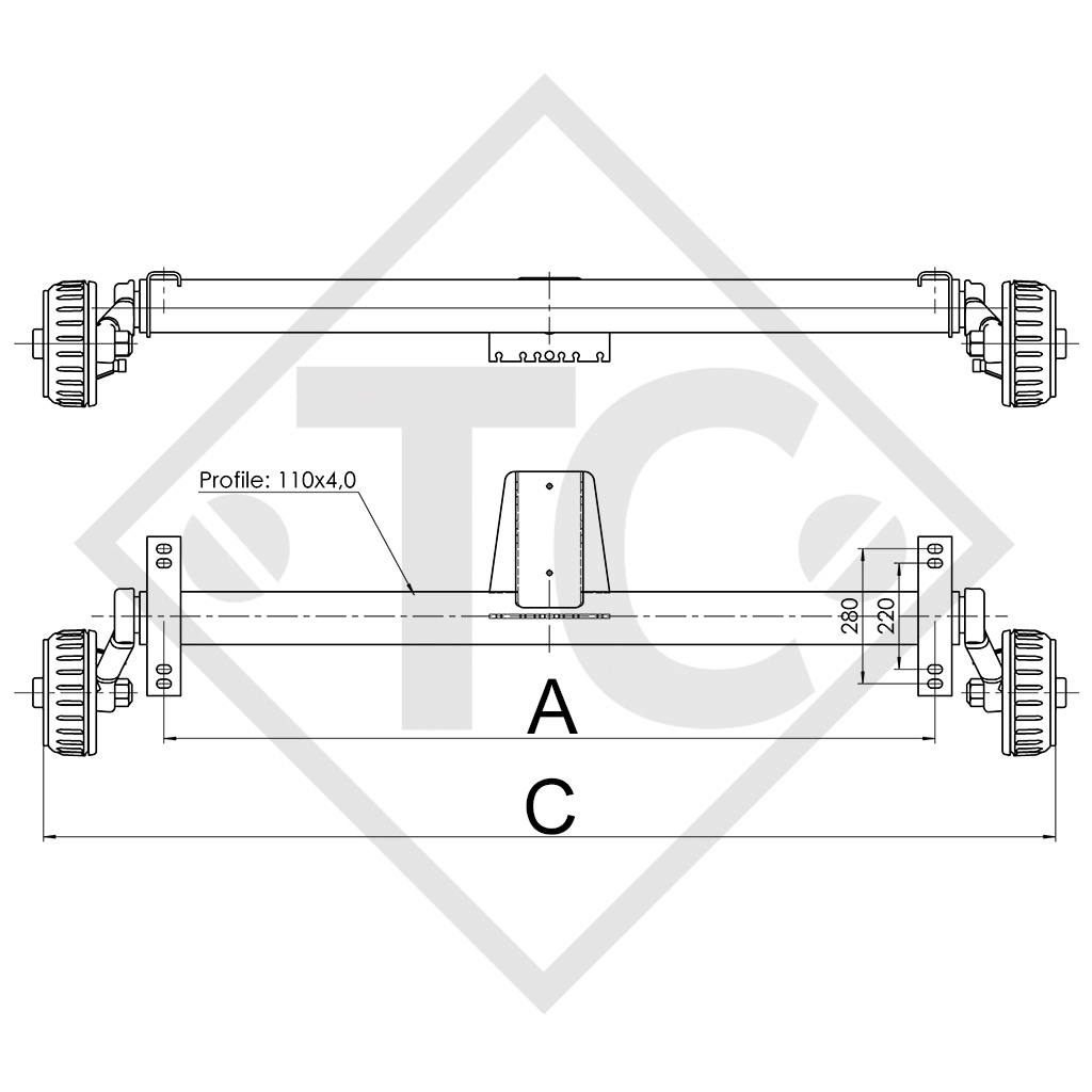 Essieu EURO1 1800kg freiné type d'essieu B 1800-9 avec liaison 130mm