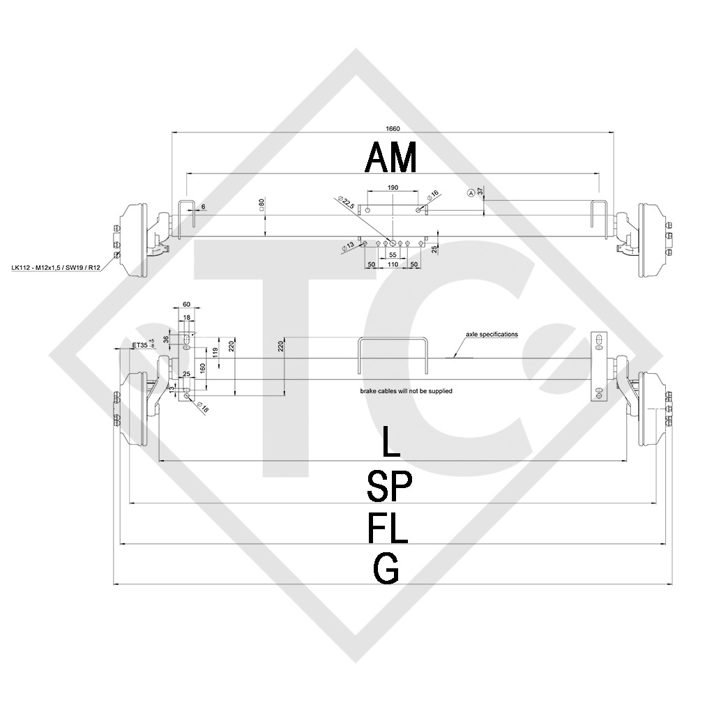 Eje con freno SWING 1800kg tipo de eje CB 1805, 46.32.368.887