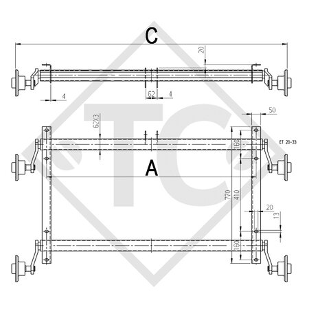 Conjuntos ejes tándem sin freno 800kg WT-Metallbau tipo de eje 400-3