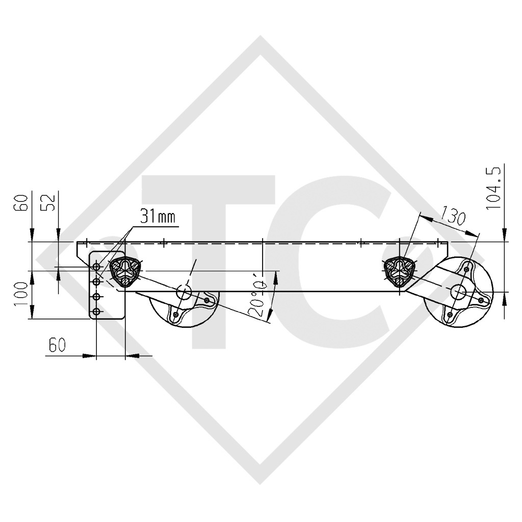 Unbraked tandem axle unit 800kg WT-Metallbau axle type 400-3