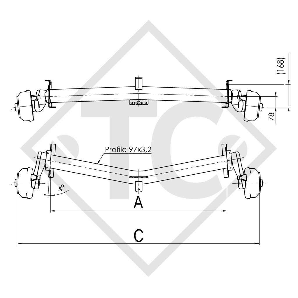 2x Assale frenato 1500kg EURO1 tipo di assale DELTA SI-N 14-1, tandem 2800kg