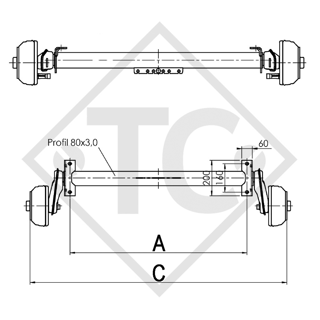 Braked axle 1000kg EURO COMPACT axle type B 850-10