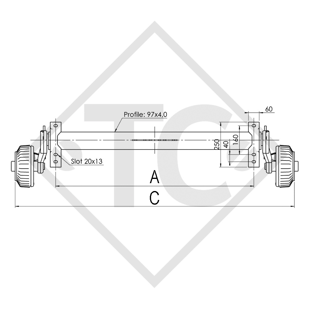 Essieu EURO Compact 1500kg freiné type d'essieu 2x B 1600-3 - tandem Humbaur 3000kg