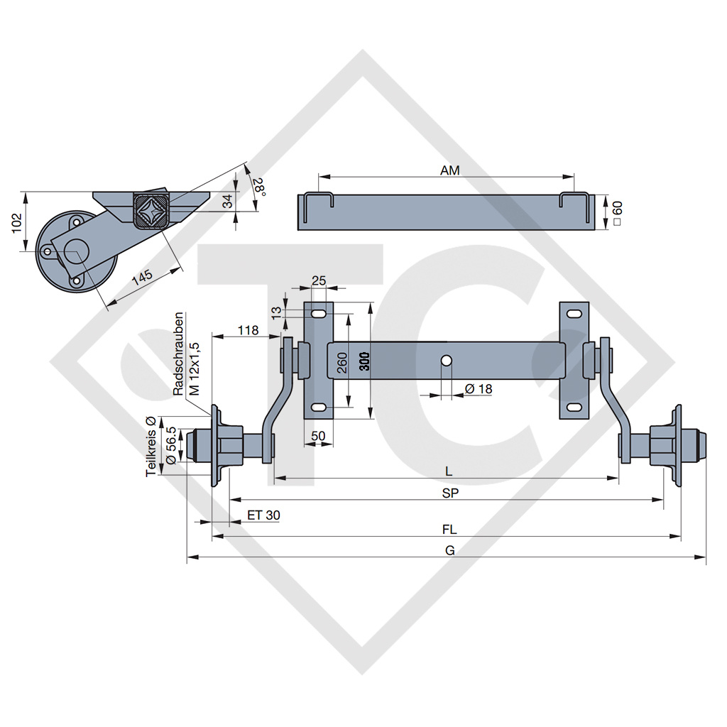 Essieu 750kg non freiné type d'essieu CB 754, 46.14.000.071, ATLAS COPCO