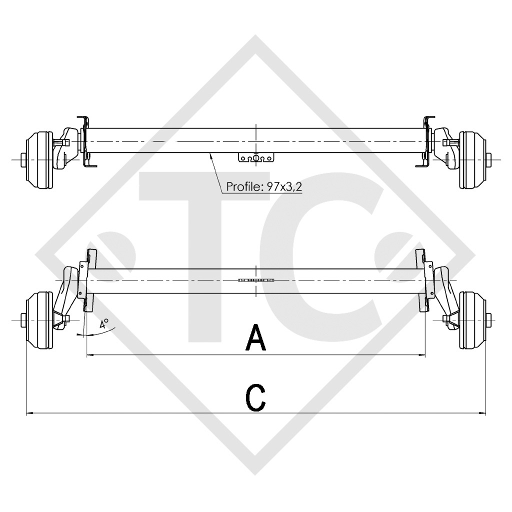 Braked axle 1300kg EURO1 axle type B 1200-5 - Turatello