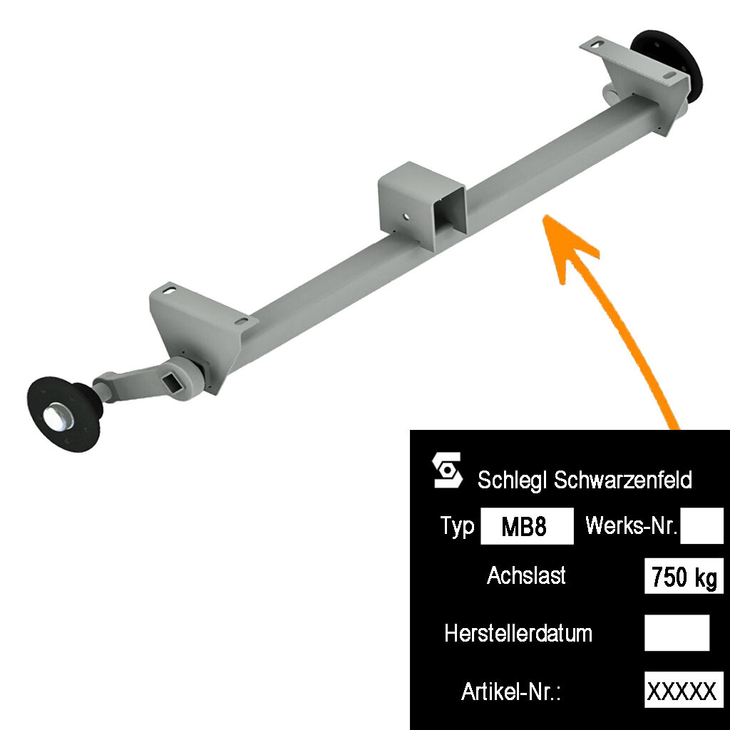 UNBRAKED AXLE 750KG, AXLE TYPE MB8 WITH SHACKLE AND HIGH AXLE BRACKET