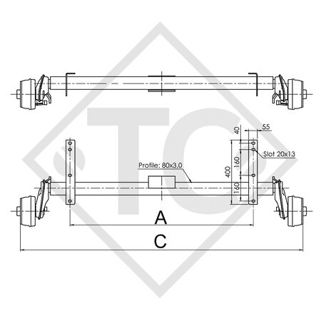 Braked axle 750kg EURO COMPACT axle type B 850-2, HYMER ERIBA