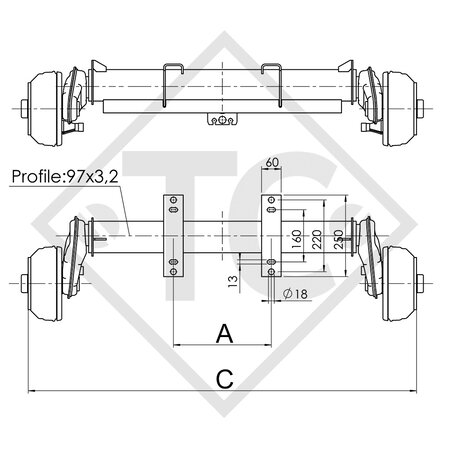 Achse gebremst 1300kg EURO Compact Achstyp B 1200-6