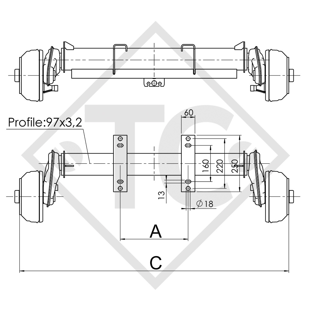 Assale frenato 1300kg EURO Compact tipo di assale B 1200-6