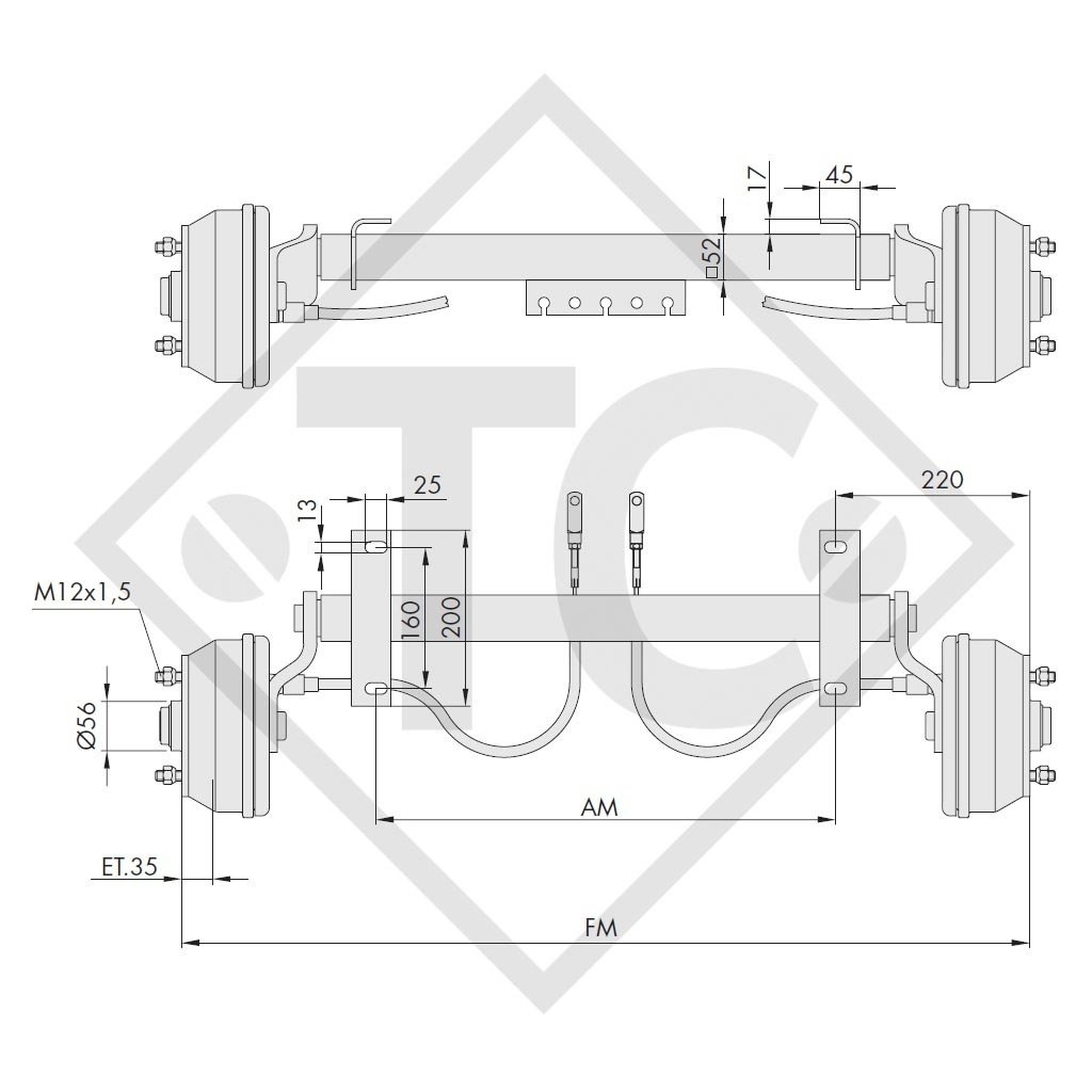 Achse gebremst 550kg Achstyp WAG 055 B