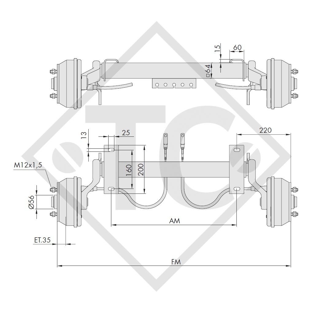 Achse gebremst 1000kg Achstyp WAG 100 B