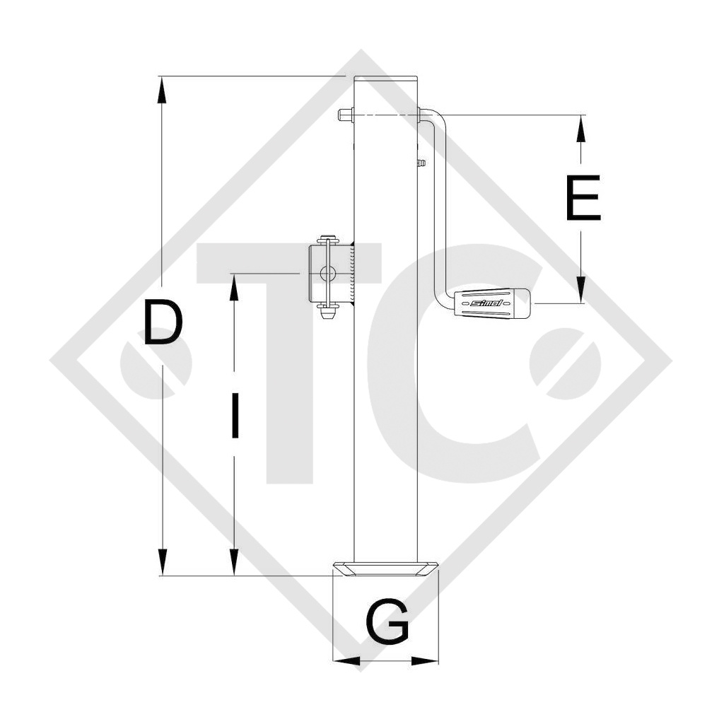 Piedino di stazionamento □70mm quadro, con manovella laterale e con riduttore, due velocità, tipo PREV.3016, zincatura galvanica, per macchine e rimorchi agricoli, macchine per l’edilizia, per la manutenzione stradale e l’innevamento