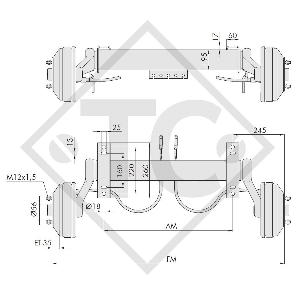 Braked axle 1800kg axle type WAG 180 B