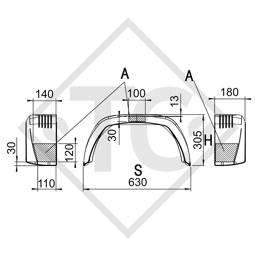 Mudguard, single axle trailer, plastic without mud flap, type SA 180 suitable for all common trailer types