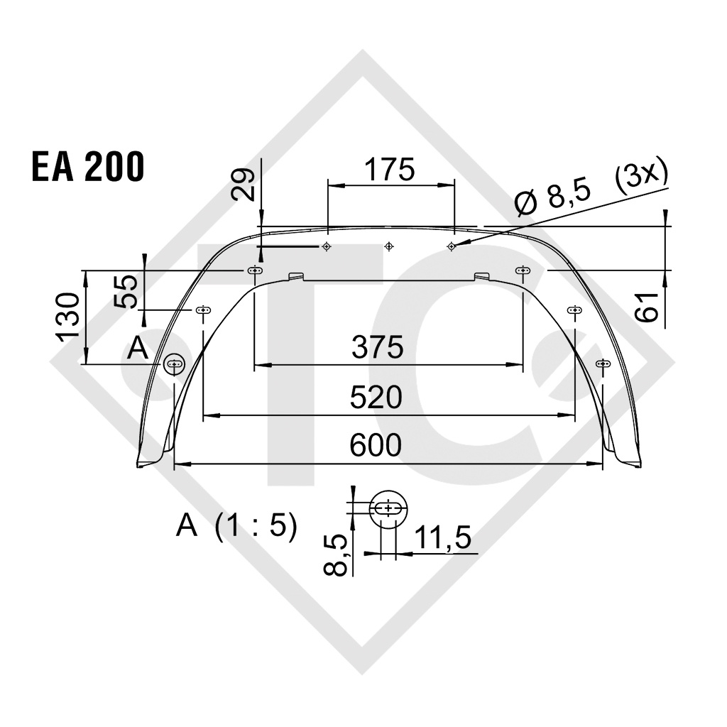 Guardabarros, un eje, plástico sin protección anti proyecciones, tipo EA 200 adecuados para todos los tipos de remolque