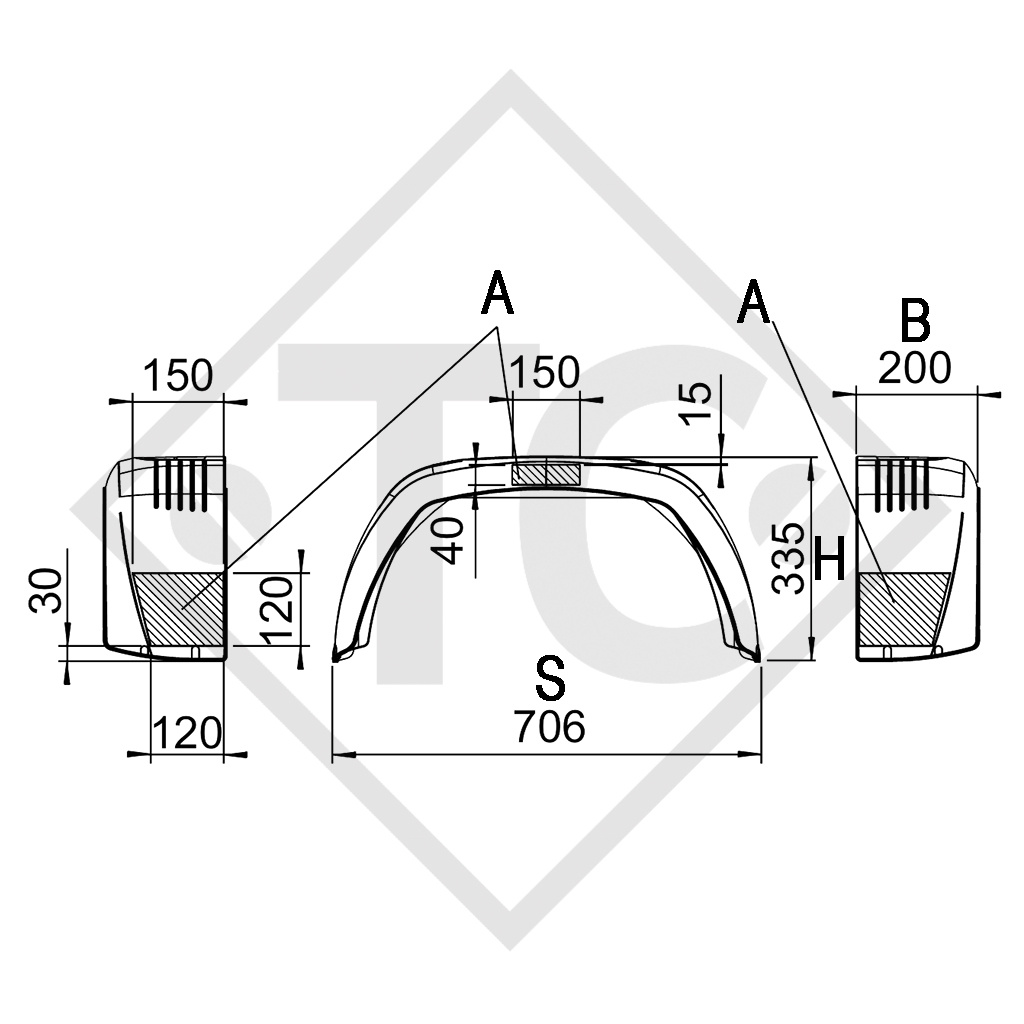 Mudguard, single axle trailer, plastic without mud flap, type SA 200 suitable for all common trailer types