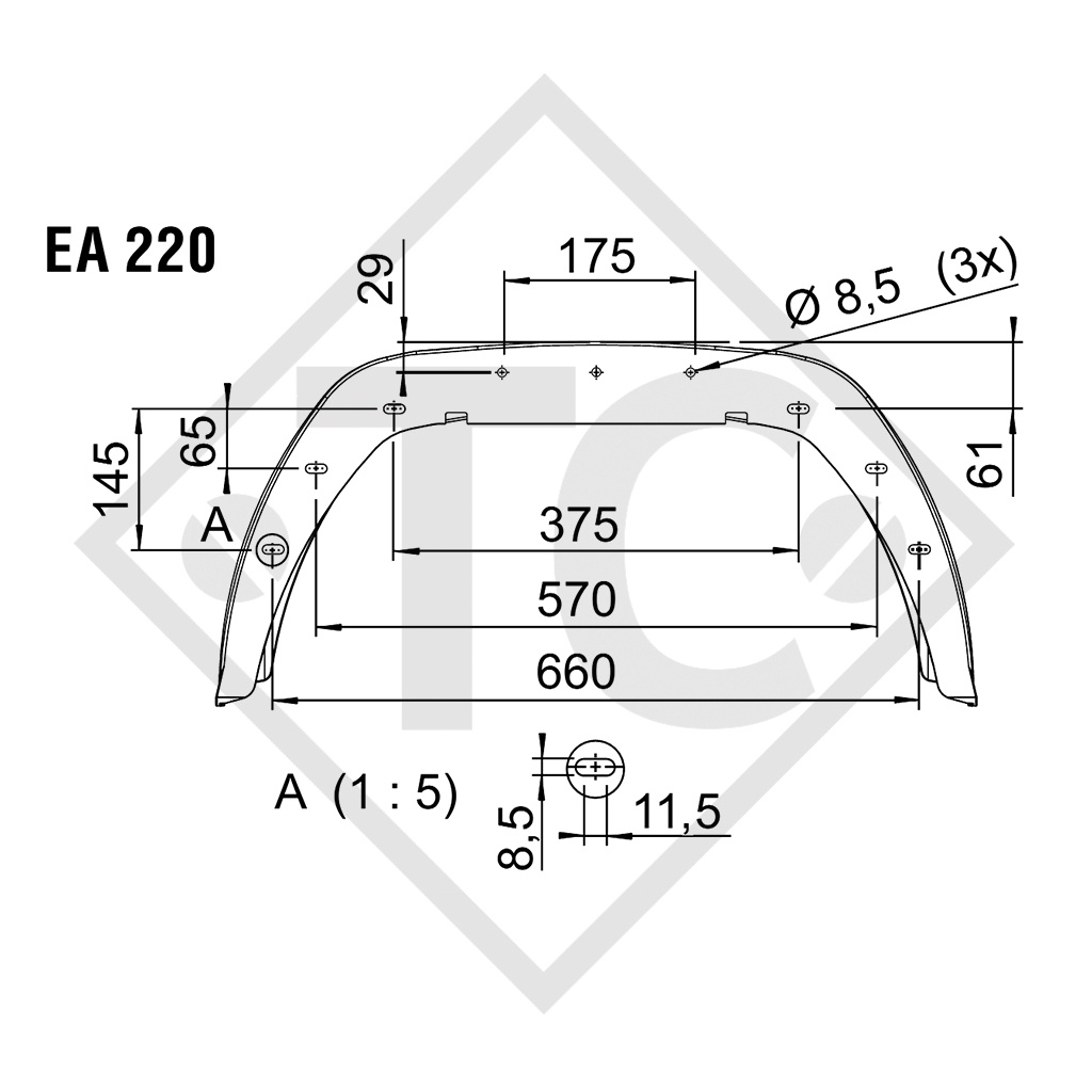Guardabarros, un eje, plástico sin protección anti proyecciones, tipo EA 220 adecuados para todos los tipos de remolque
