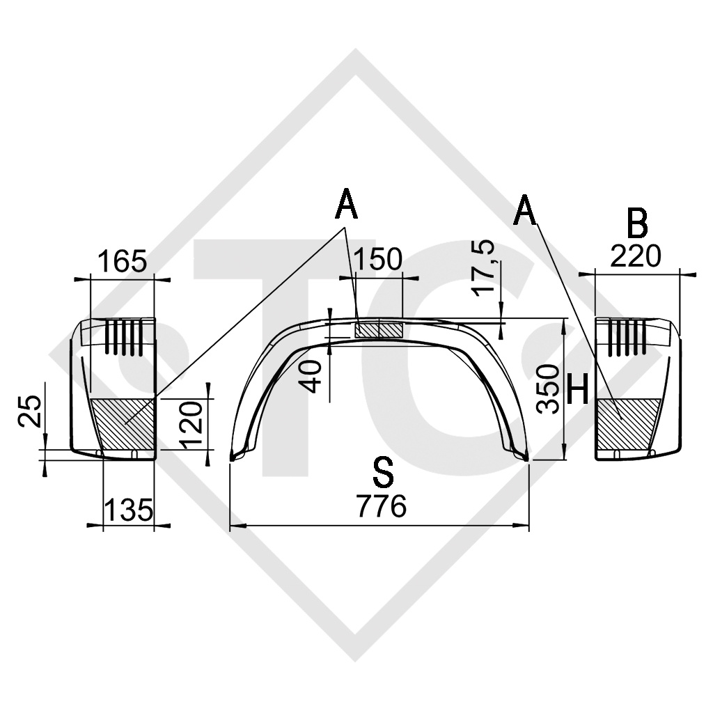 Mudguard, single axle trailer, plastic without mud flap, type SA 220 suitable for all common trailer types