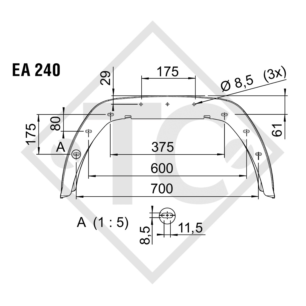 Guardabarros, un eje, plástico sin protección anti proyecciones, tipo EA 240 adecuados para todos los tipos de remolque