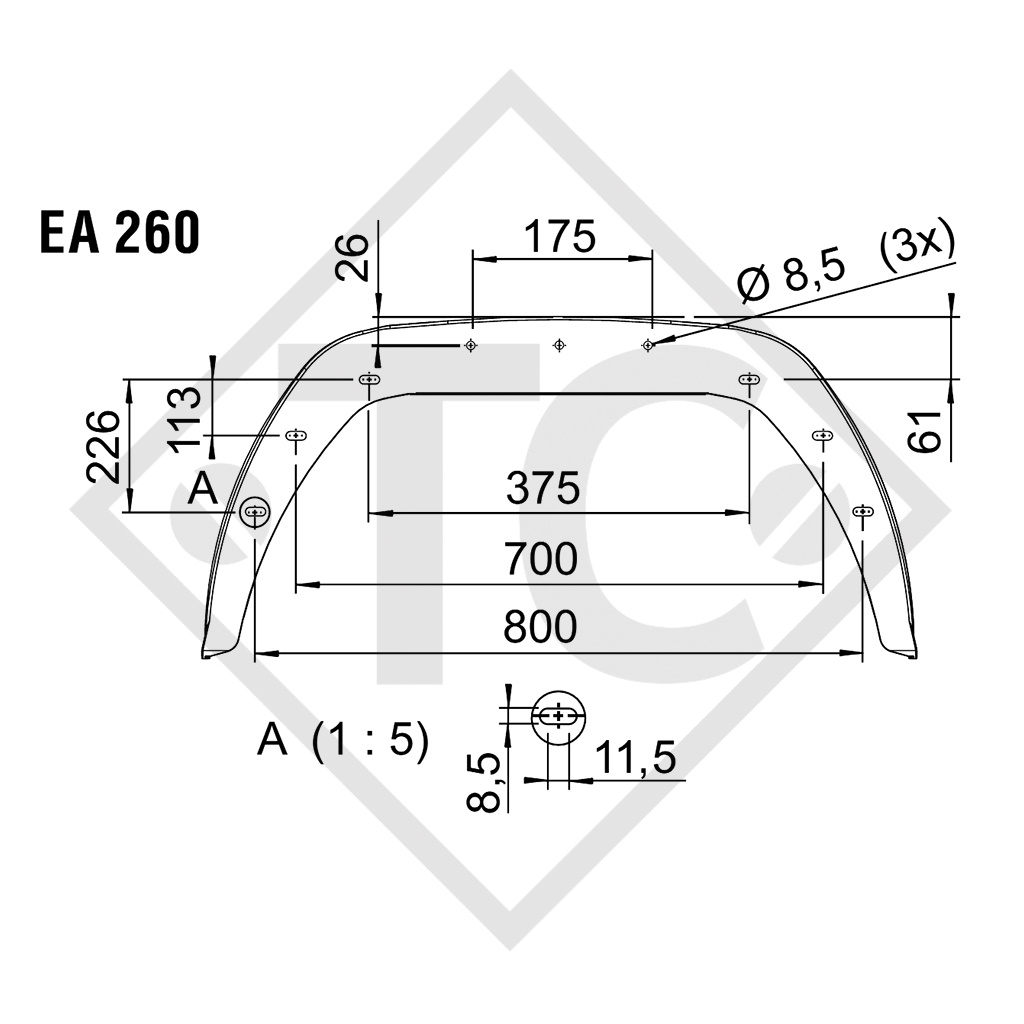 Mudguard, single axle trailer, plastic without mud flap, type SA 260 suitable for all common trailer types