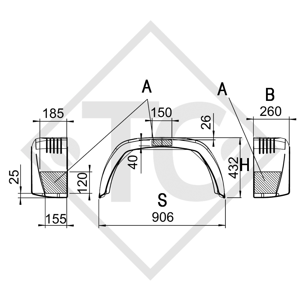 Mudguard, single axle trailer, plastic without mud flap, type SA 260 suitable for all common trailer types