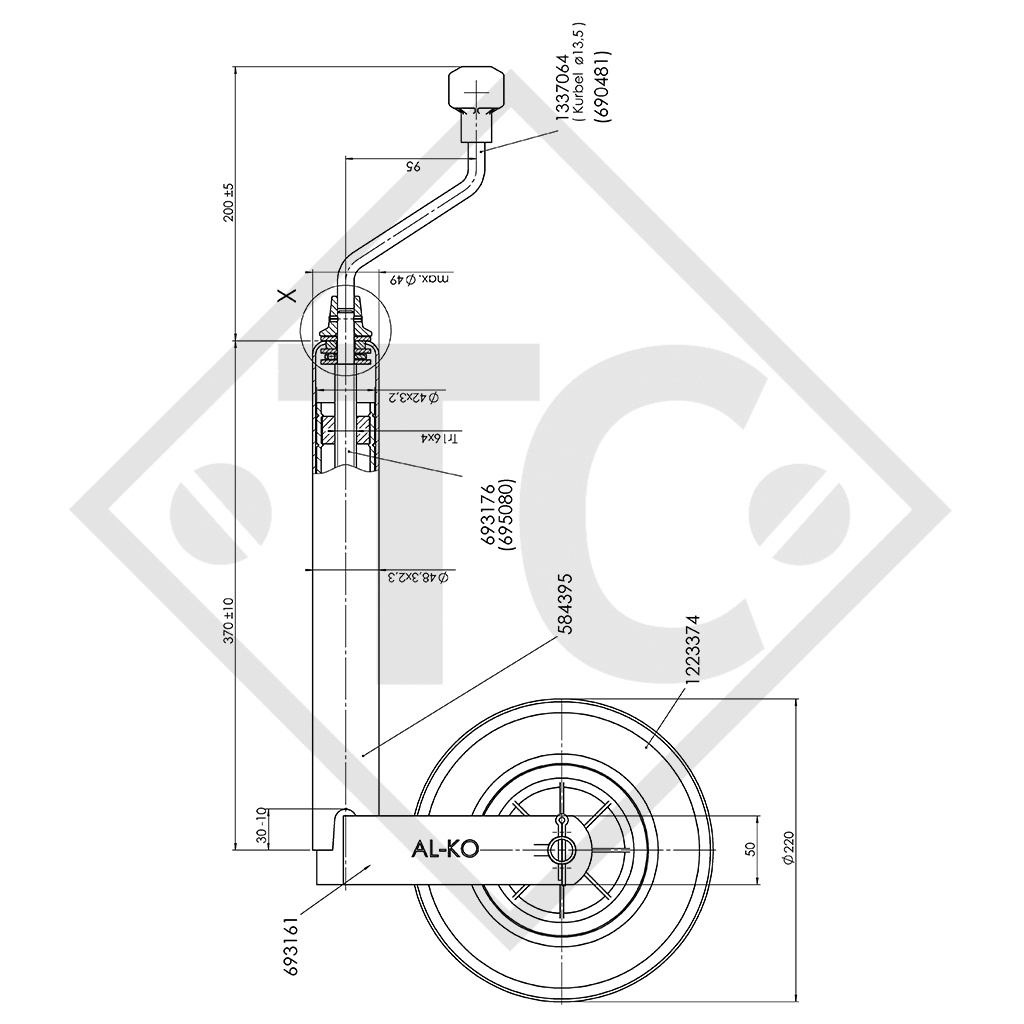 Jockey wheel ø48mm round Compact, 1222556, for caravans, car trailers, machines for building industry