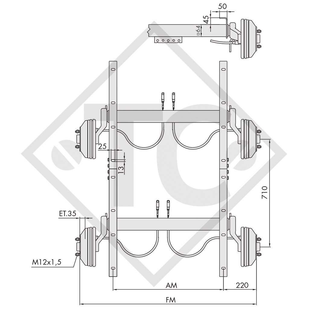 Essieu tandem freiné 1700kg type d'essieu WAGT 17