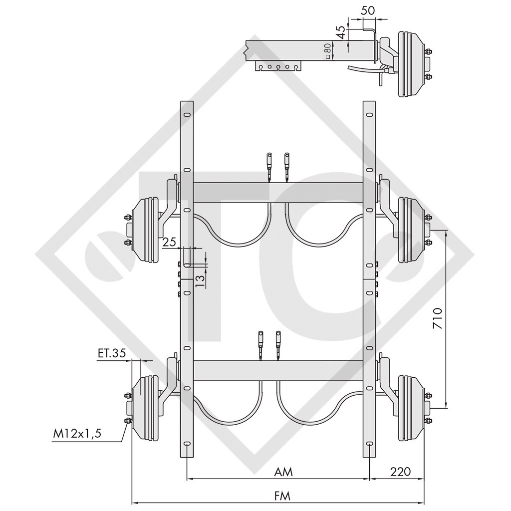 Essieu tandem freiné 2700kg type d'essieu WAGT 27