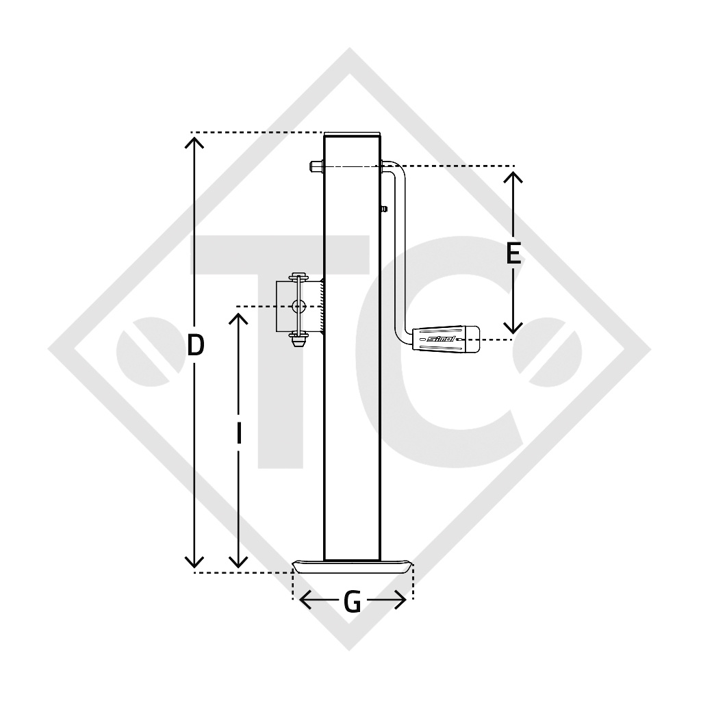 Steday leg □70mm square, side crank and reductions gears, type DG 595/2Z, galvanised, for heavy agricultural machines and trailers, machines for building industry, implements for road maintenance and snow