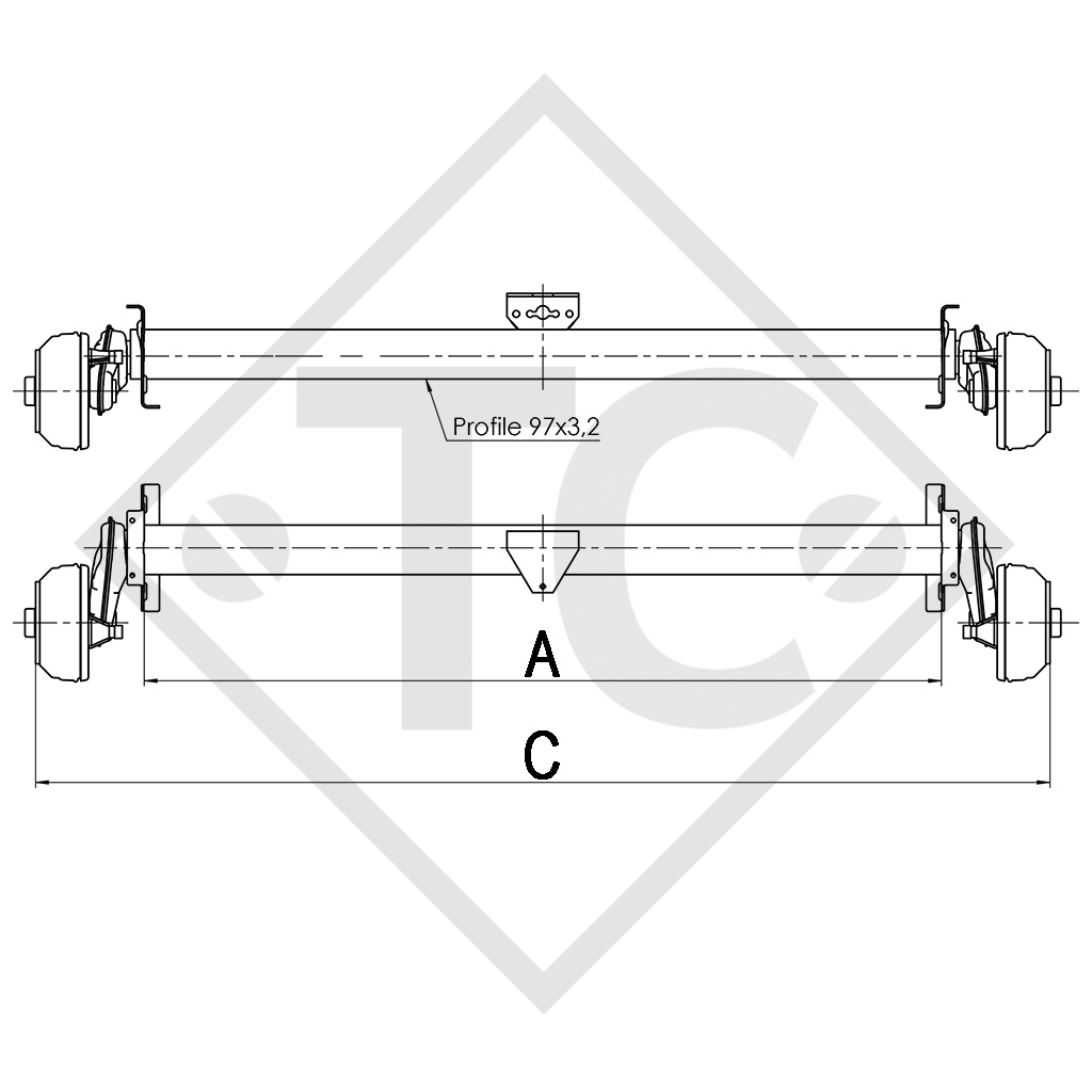 Braked axle 1100kg EURO1 axle type B 1000-5, Chateau Chiara caravan