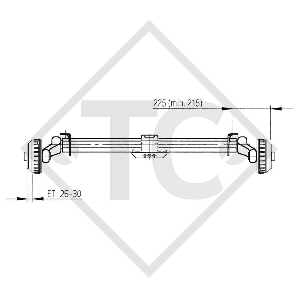 Braked axle 1300kg PLUS axle type B 1200-5 with top hat profile 90mm