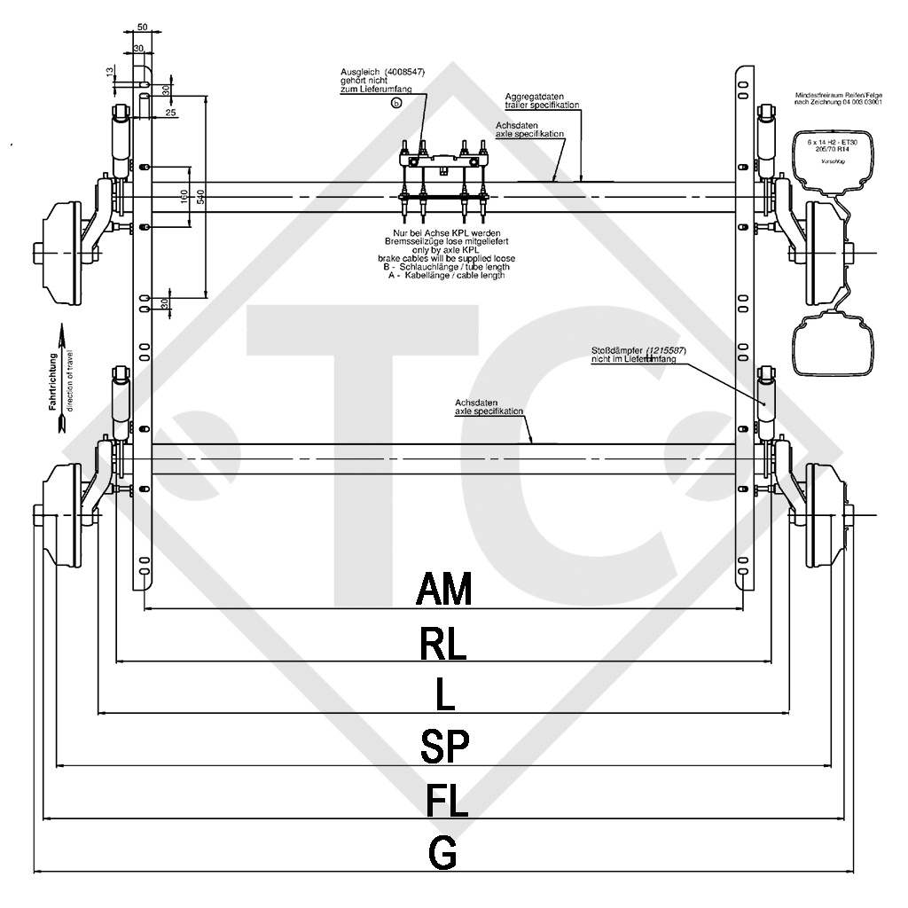 Braked tandem axle unit 3500kg SWING axle type CB 2/1805