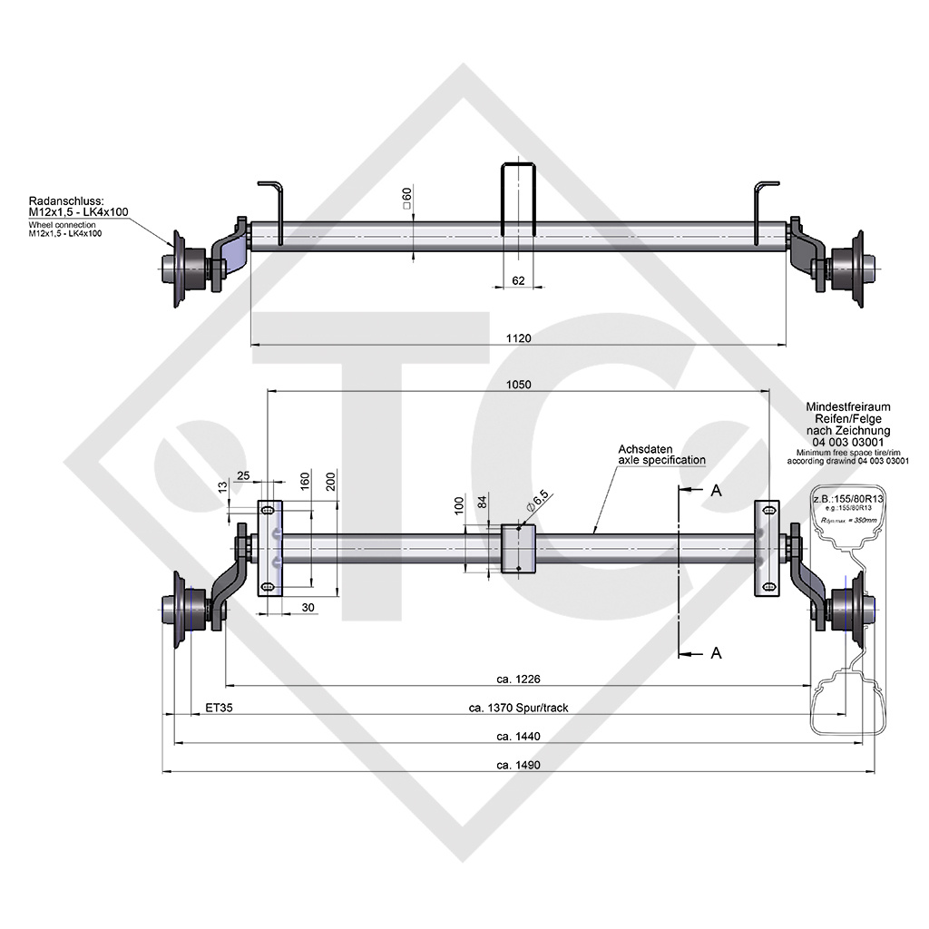 Unbraked axle 750kg axle type 700-5 (CB754, MB8) with shackle and high axle bracket