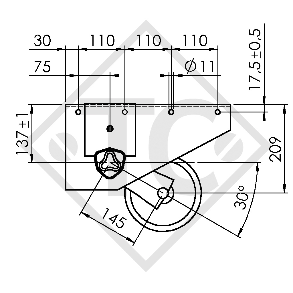 Unbraked axle 750kg PLUS OPTIMA  axle type 700-5 with shackle and high axle bracket