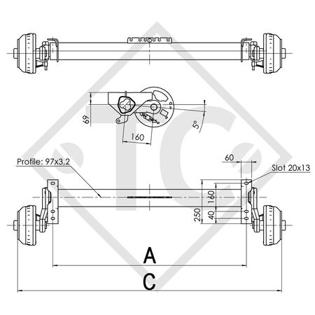 Achse gebremst 1300kg EURO COMPACT Achstyp B 1200-5, Humbaur