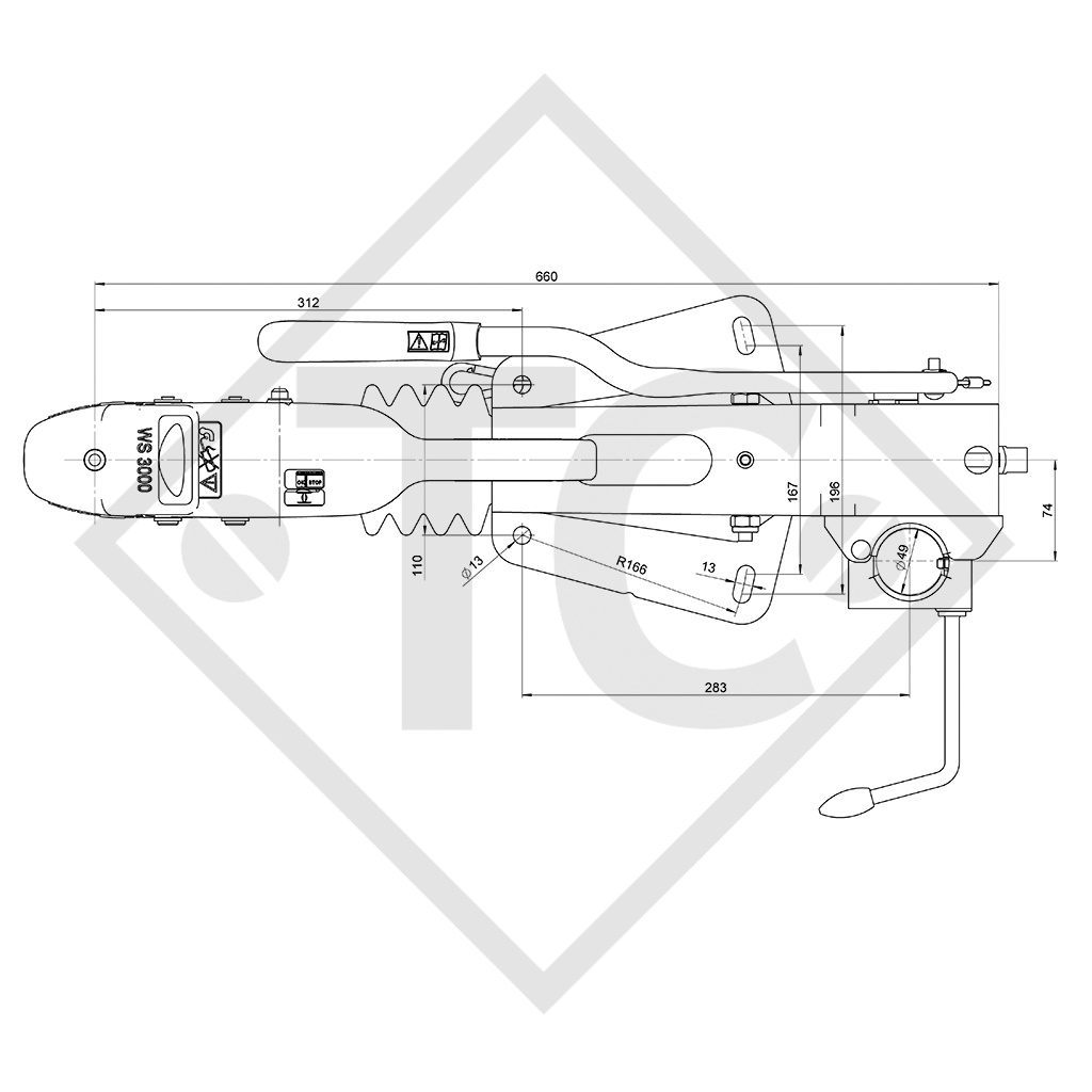 Overrun device V type ZAF 1.6-3, 750 to 1500kg, 48.27.581.025