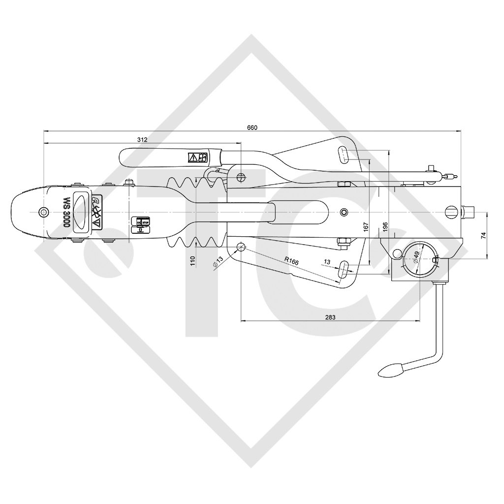 Overrun device V type ZAF 2.0-3, 1250 to 2000kg, 48.36.581.029