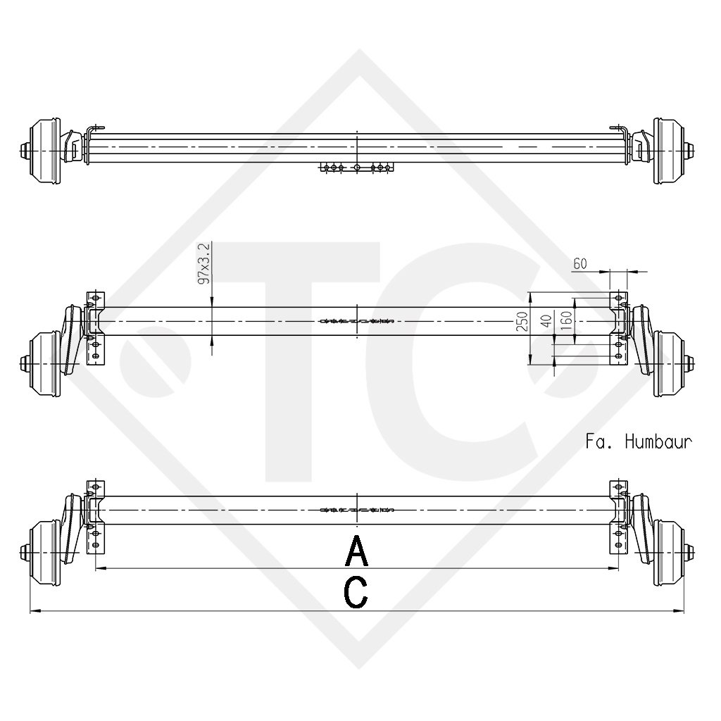 Essieu 1300kg EURO Compact freiné type d'essieu B 1200-5 - Humbaur