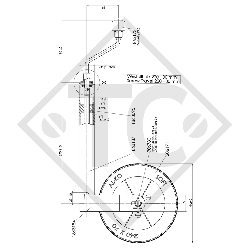 Roue jockey ø48mm rond PLUS, 1222221, pour caravanes, remorques-auto, machines pour l'industrie du bâtiment