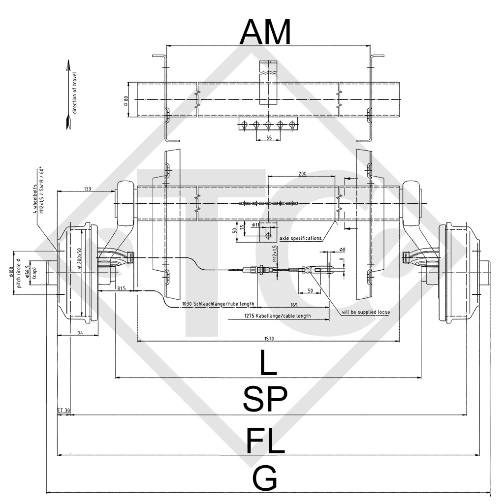 Achse gebremst 1050kg SWING Achstyp CB 1054, 46.21.379.030