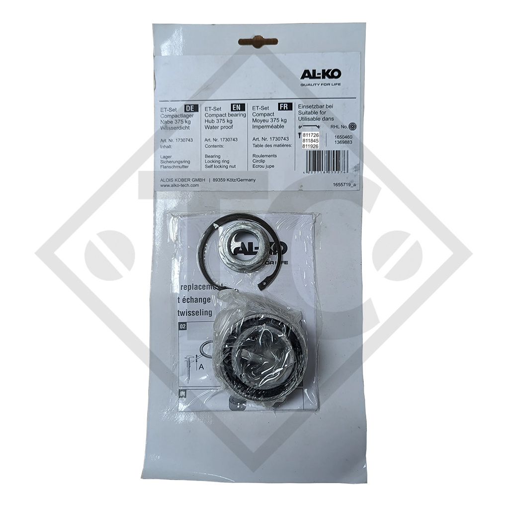 Replacement kit compact bearing ⌀30/60/37mm, twelve square flange nut M24x1.5, watertight, for boat trailers