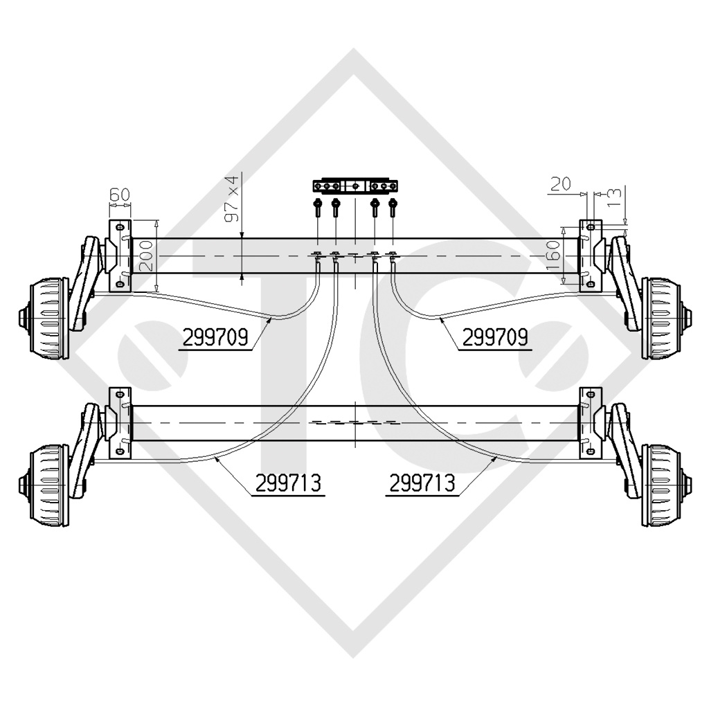Braked tandem axle unit 2600kg EURO COMPACT axle type 2x B 1200-5