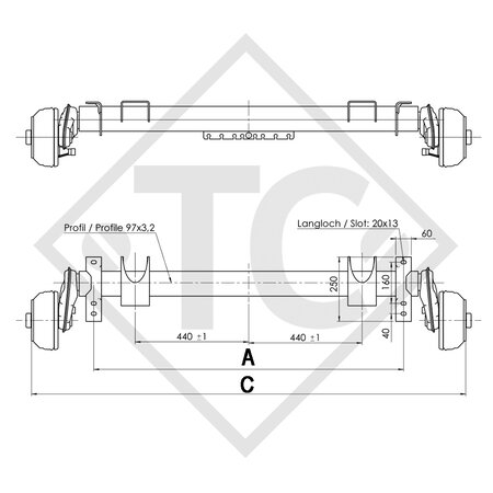 Braked axle 1300kg EURO COMPACT axle type B 1200-5, Brian James Trailers