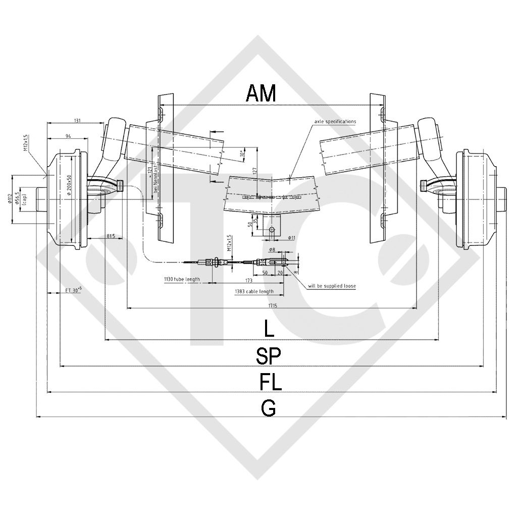 Achse gebremst 1050kg Achstyp SCB 1055, 46.21.379.949, 4012963 - NACHBAU, DA ORIGINAL NICHT MEHR LIEFERBAR!