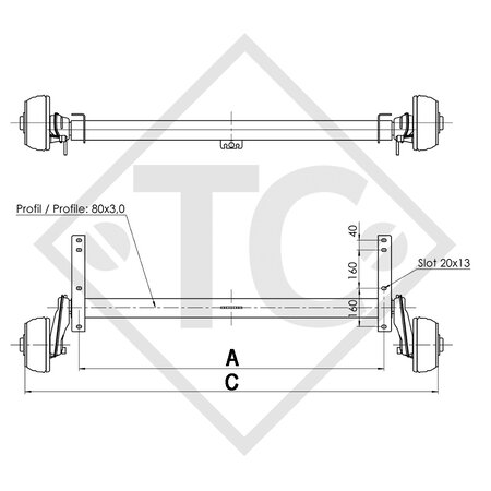 Braked axle 1000kg EURO COMPACT axle type B 850-10 - TRIGANO