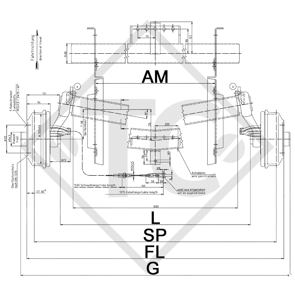 Assale frenato 1350kg tipo di assale SCB 1355, 46.25.379.943 - RIPRODUZIONE, NON PIÙ DISPONIBILE COME ORIGINALE!