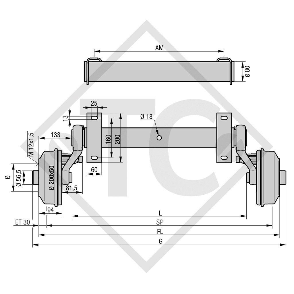 Achse gebremst SWING 1500kg Achstyp CB 1505, 46.27.379.293