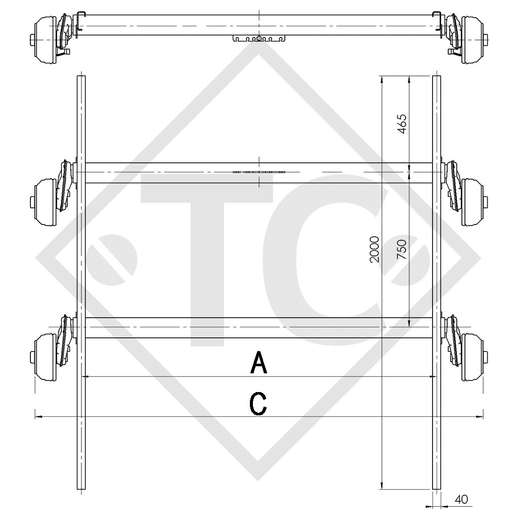 Essieu tandem freiné 2600kg EURO COMPACT type d'essieu 2xB 1200-5