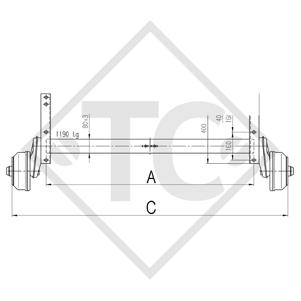 Essieu EURO Compact 1000kg freiné type d'essieu B 850-10 avec AAA (réglage automatique des garnitures de frein)